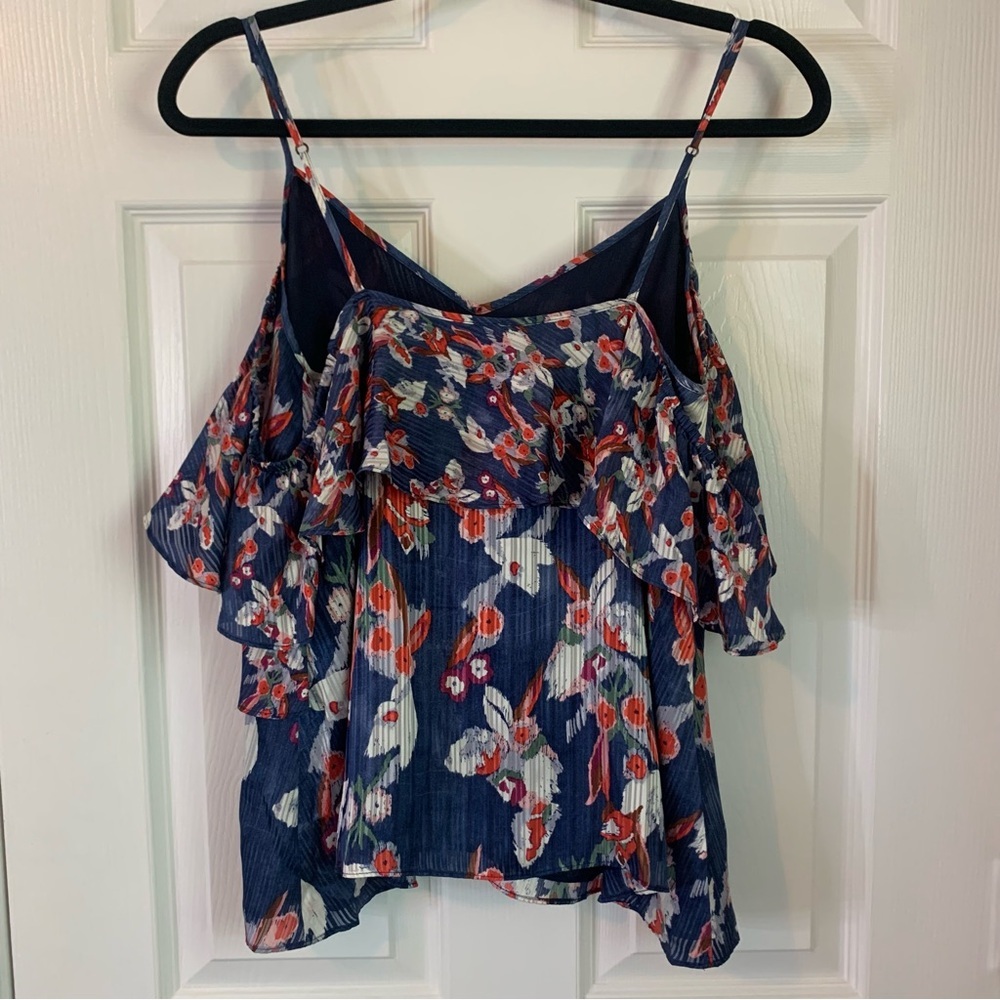 Tanya Taylor Navy Floral Cold-Shoulder Ruffle Silk Blouse, size 2 - Picture 10 of 11